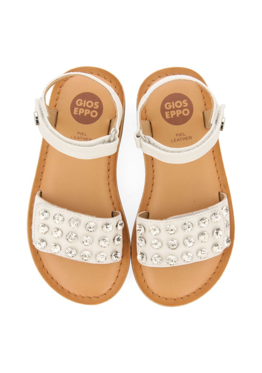 SANDALIAS BLANCAS DE PIEL CON ADORNOS DE MAXI CRISTALES PARA NIÃA HESSMER - BLANCO