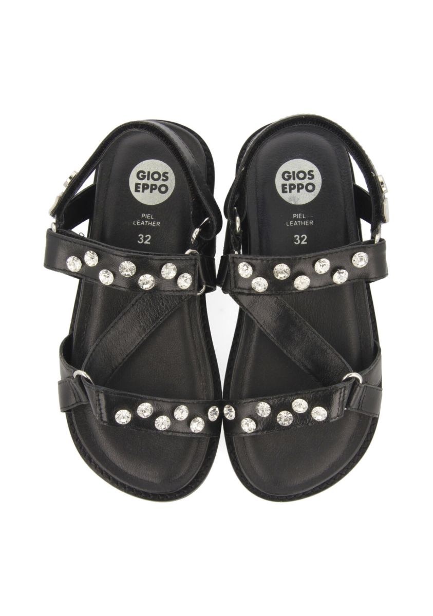 SANDALIAS NEGRAS DE PIEL TIPO BIO CON ADORNOS DE CRISTALES PARA NIÃA RISKA - NEGRO