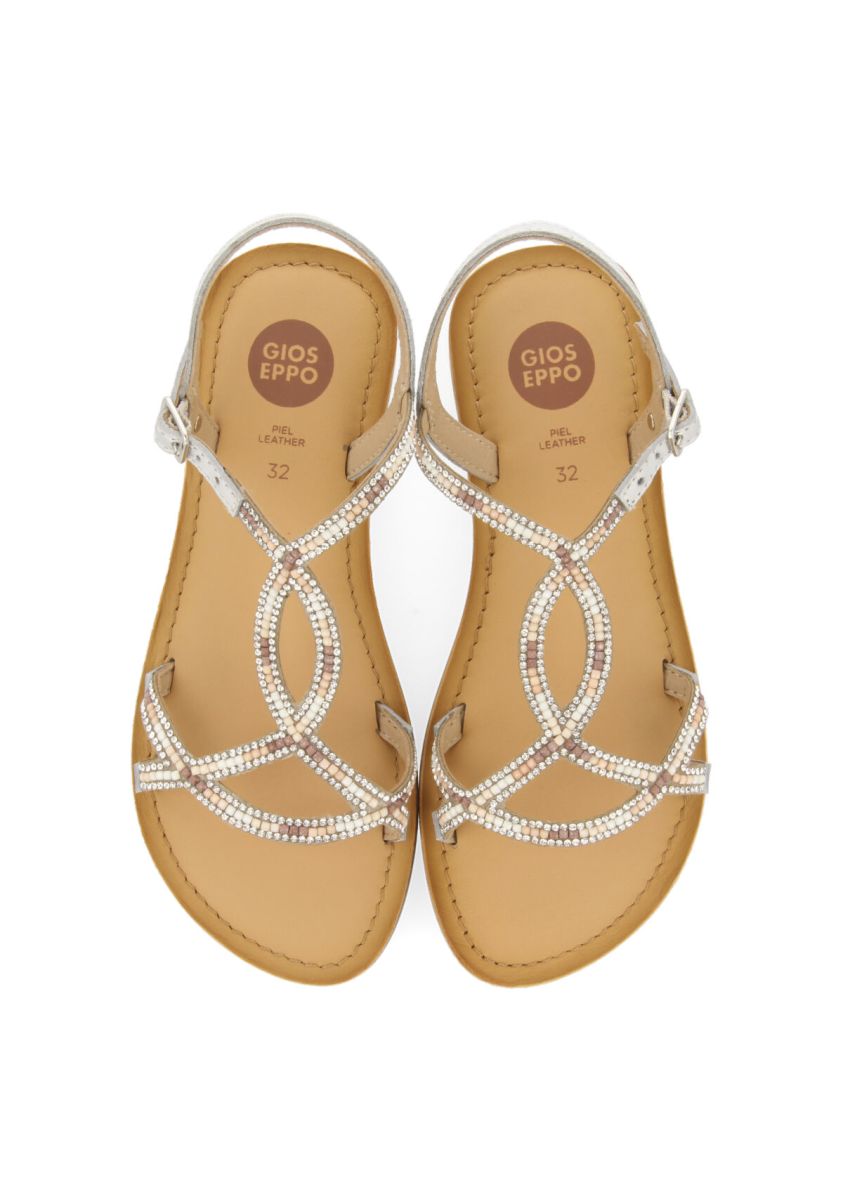 SANDALIAS DE PIEL PLATEADAS CON ADORNO DE CRISTALES Y BEADS PARA NIÃA DELAND - PLATA