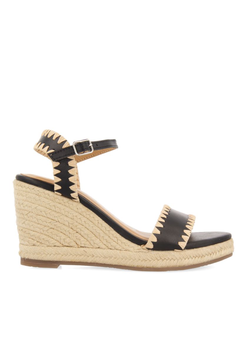 Sandalias de piel color negro con pespuntes y cuÃ±a de yute para mujer neiva  - NEGRO