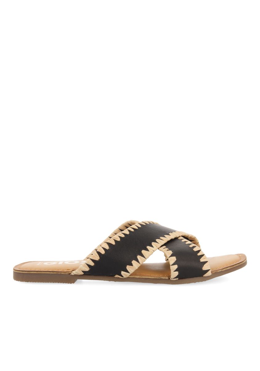 Sandalias negras de piel con pasados de rafia para mujer assu  - NEGRO