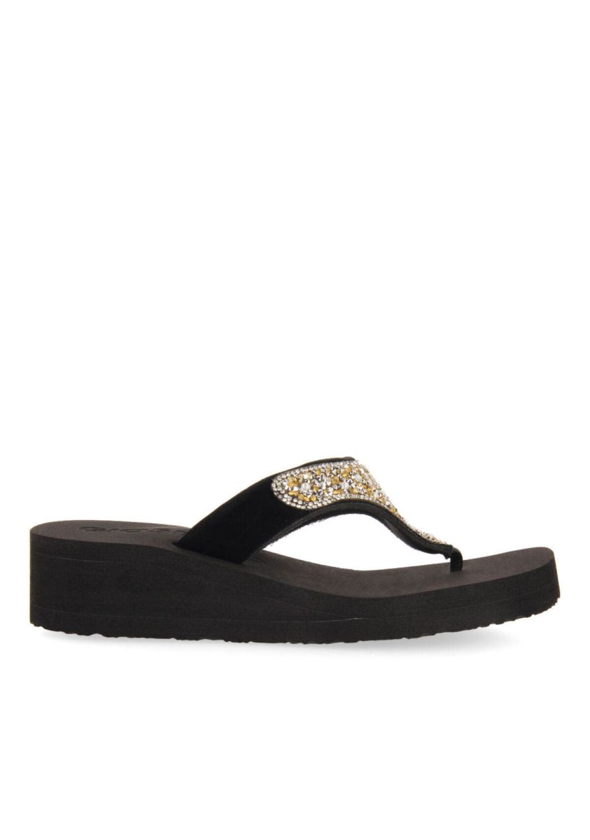 Chanclas negras de cuÃ±a con detalle de pedrerÃ­a multicolor para mujer dontreix   - NEGRO
