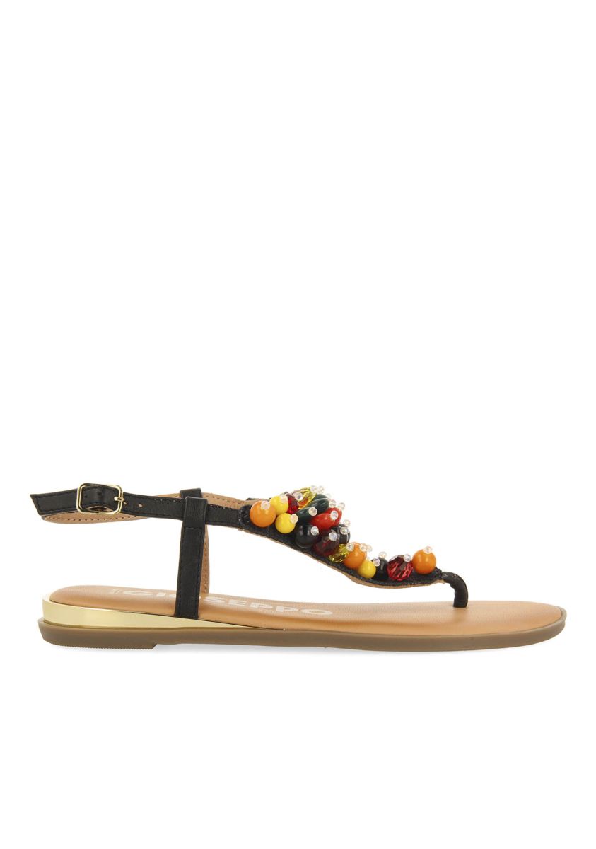 SANDALIAS NEGRAS DE PIEL CON ADORNOS MULTICOLOR PARA MUJER LEUCATE - NEGRO