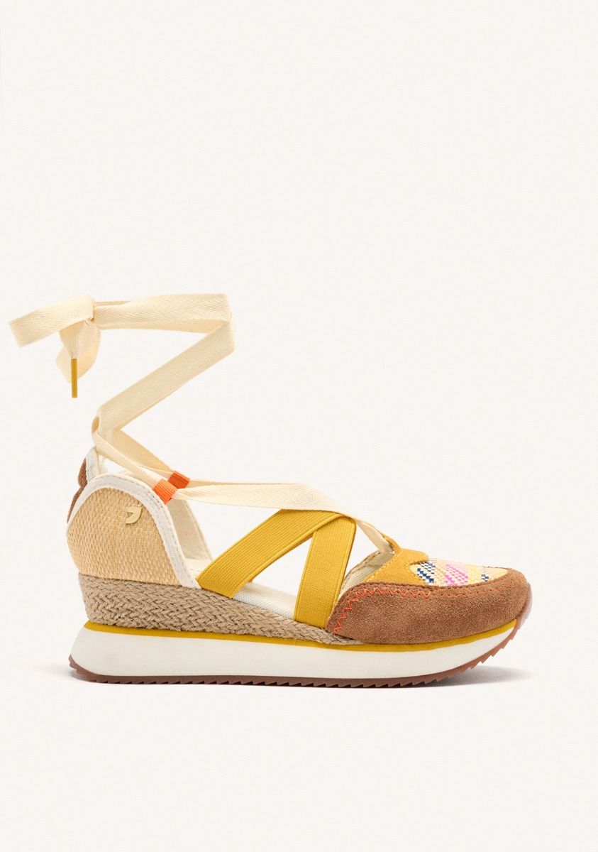 ZAPATILLAS ABIERTAS PIEL CUÃA RAFIA LITTLETON - MOSTAZA